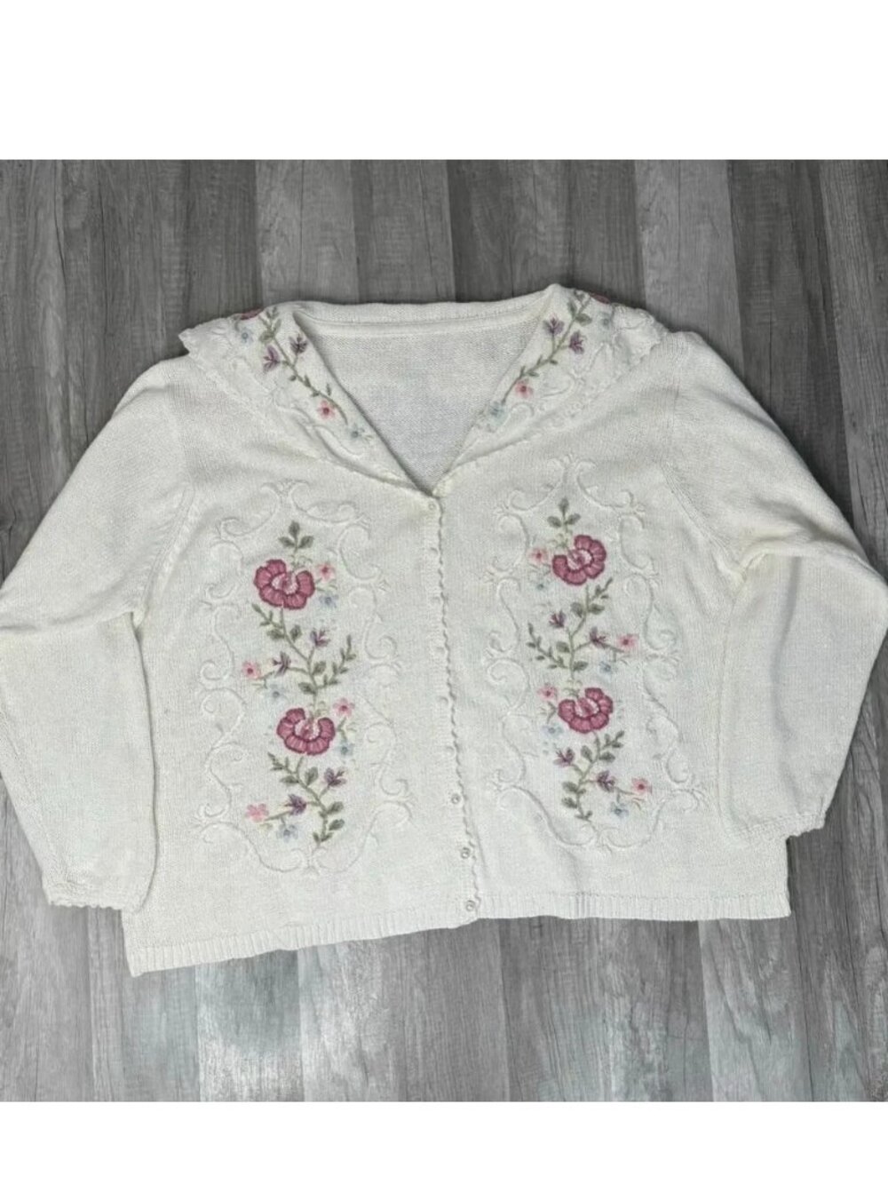 VINT Cottagecore Coquette Floral Embroidered White Cardigan Sweater Plus Size - Picture 1 of 5